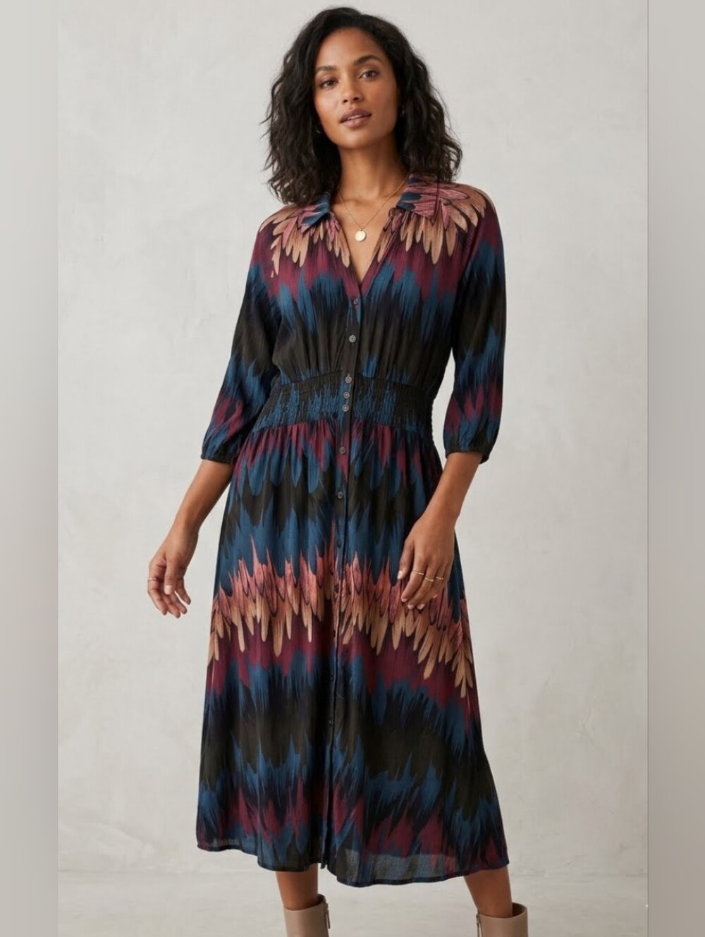 Button-Front Midi Dress in Multicolor Feather Print